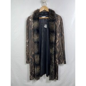 Alberto Makali Womens Cardigan Sz L Leopard‎ Print Faux Fur Trim Mobwife